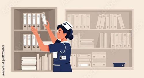 Diligent Nurse Organizing Files In The Medical Office Records Management Process