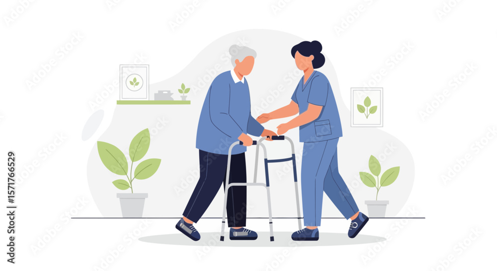 Obraz premium Healthcare Professional Assisting Senior Man With Walker In Home Setting