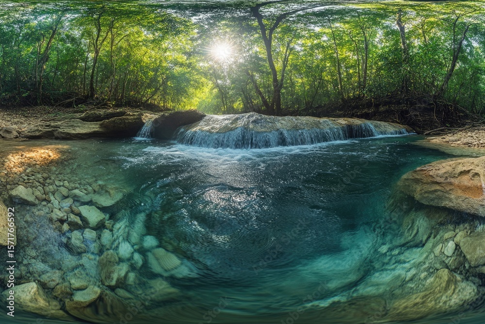 Naklejka premium Lush forest surrounds a clear, turquoise river cascading over rocks under a bright, sunny sky.