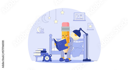 Pencil Character Enjoying a Bedtime Story Surrounded by Stars and Moon Illustration