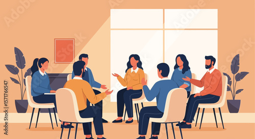 Diverse Group Communication In Circle Meeting Around Window In Bright Room
