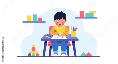 Pensive Boy Drawing Colorful Picture At Table During Creative Homeschooling