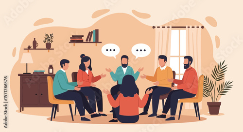 Diverse Group Attending Therapy Session Illustration In Circle Discussion In Room