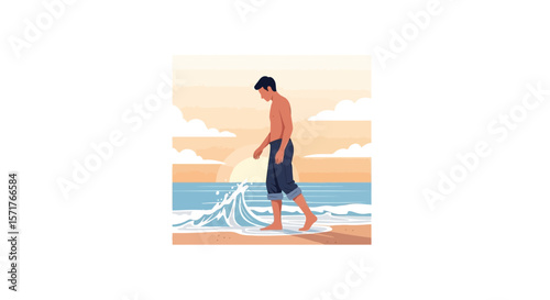 Pensive Individual Strolling Along Tranquil Beach at Sunset in Calm Waters