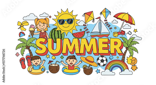 Adobe Illustrator vector flat style illustration of a lively summer scene with happy children playing, surrounded by beach elements like the sun, kites, and ice cream