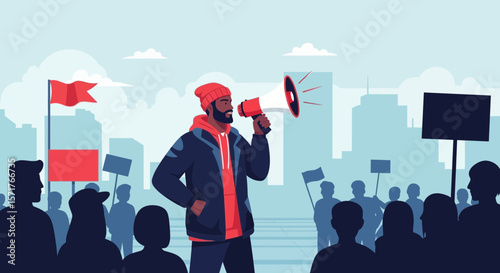 People Marching At Demonstration Or Protest With A Man Speaking Into A Megaphone