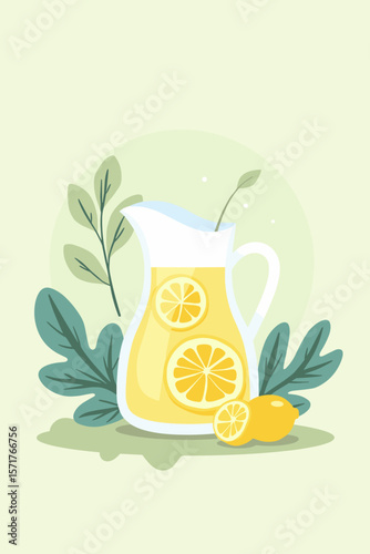 Refreshing lemonade pitcher with lemon slices and leaves in vibrant setting