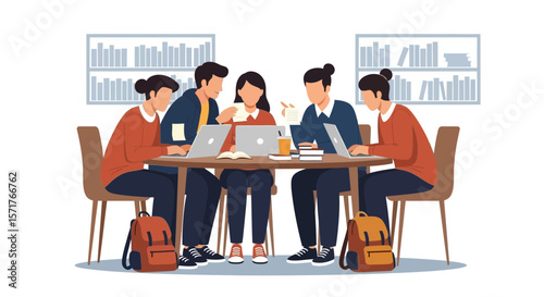 Diverse Students Collaborative Study Session Around Table With Laptops In Library