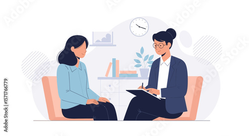 Woman Consulting A Therapist For Mental Health Issues In Clinic Office