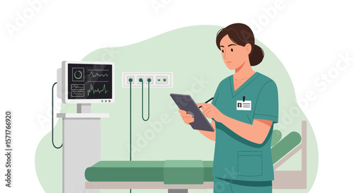 Healthcare Professional Monitoring Patient Heart Rate In Hospital Room Setting Illustration