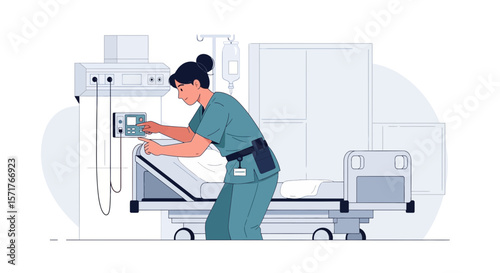 Healthcare Professional Monitoring Equipment In Hospital Room With Modern Design