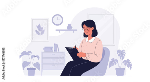 Woman Doctor Taking Notes Sitting In Cozy Room Mental Health And Wellness