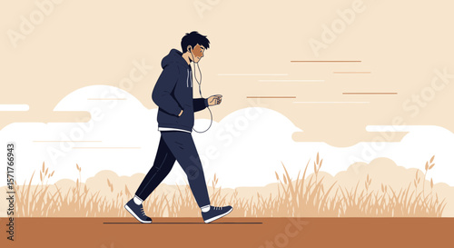 Person Enjoying Nature Walking with Music in the Park during Peaceful Time