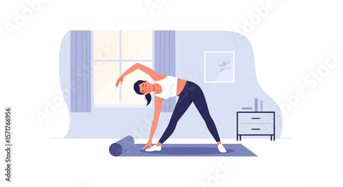 Woman Doing Triangle Pose Stretching Exercise At Home In Wellness Pursuit