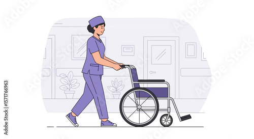 Healthcare Professional Moving Wheelchair In A Modern Hospital Minimalist Design