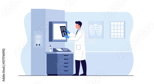 Doctor Analyzes The Ribcage X-ray Radiography In Hospital Room Illustration