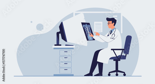 Doctor Analyzing Chest X-Ray Scan In Office At Modern Healthcare Facility