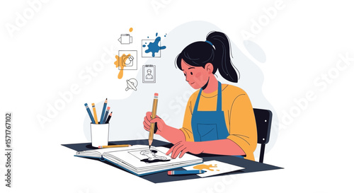 Woman Engaged In Drawing Creative Process Skillful Hand Creating Artistic Sketch