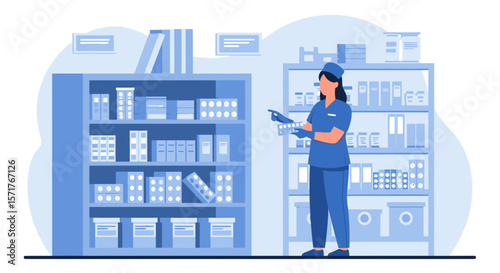 Pharmaceutical Technician Inspecting Medication In Pharmacy Shelving System With Healthcare Supplies