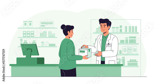 Pharmacist Assisting Customer At Counter In Modern Pharmacy For Healthcare Concept