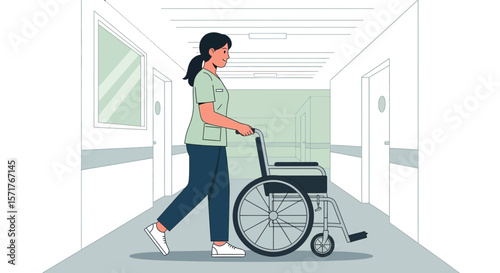 Healthcare Professional Pushing Wheelchair In Hospital Hallway Illustration Graphic