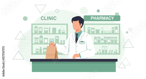 Pharmacist At Work Handing Over Medication Bag In Minimalist Style Illustration