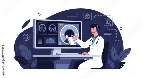 Doctor Analyzing Medical Scans On Computer Screen In Modern Clinic Office