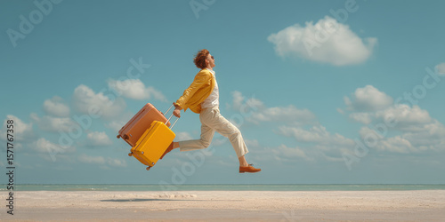 A dynamic image of a man in mid-air, holding two colorful suitcases on a deserted white sand beach against a clear blue sky, perfectly capturing the excitement and happiness of a dream holiday