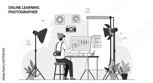 Photographer Adjusting Images with Modern Equipment During an Online Photography Course