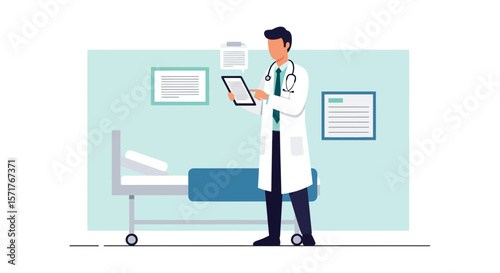 Doctor Analyzing Patient's Medical Data With Tablet In A Hospital Room