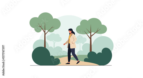 Woman Enjoying Serene Walk Through Verdant Park Landscape On Sunny Day