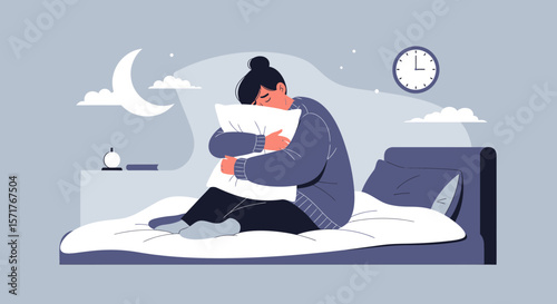 Woman Experiencing Insomnia Frustration And Loneliness At Night Vector Illustration