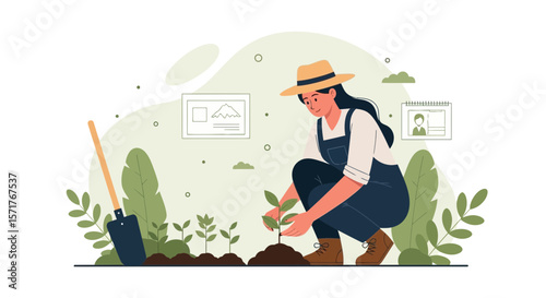 Woman Farmer Planting Seedlings Growth Sustainable Agriculture Lifestyle