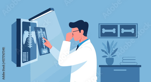 Doctor Analyzing X-Ray Image Of A Spine In Hospital Professional Medical Consultation