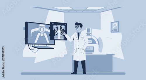 Doctor Analyzing X-Ray Imaging In Medical Examination Room For Diagnosis