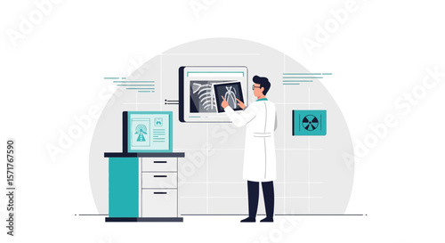 Physician Analyzes Chest X-Ray Examining Radiological Images For Diagnosis In Clinic