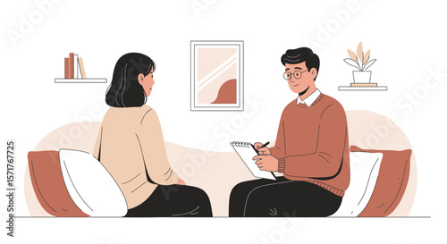 Woman Having Conversation With Therapist Man On Couch In Bright Flat Environment