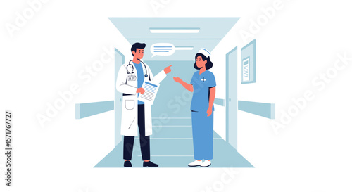 Doctor And Nurse Discussing Patient Care In Hospital Corridor With Report