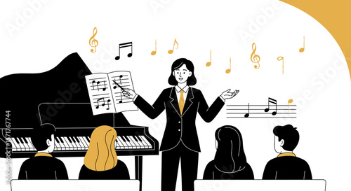Piano Class Instruction With Teacher Demonstrating Musical Notation To Students