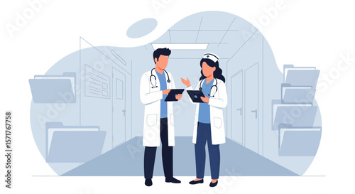 Doctor And Nurse Discussing Patient Data In Hospital Corridor During Medical Round