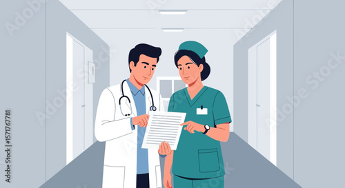 Doctor And Nurse Discussing Patient Information In Hospital Hallway Illustration