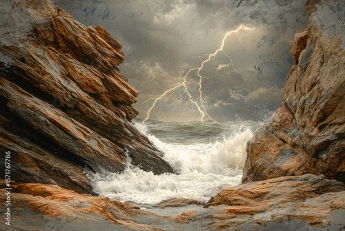 A dramatic scene of crashing waves hitting rocky cliffs under a stormy sky with striking lightning bolts.