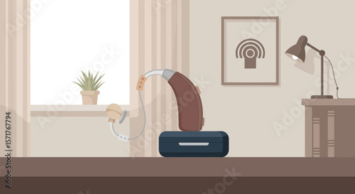 Hearing Aid Device Placed On Box In Cozy Home Interior Setting