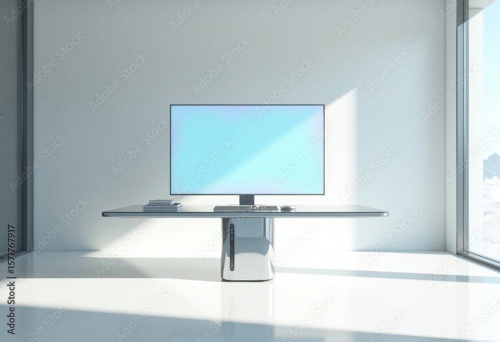Fototapeta premium Modern Minimalist Workspace Featuring a Sleek Monitor and Glass Desk in a Bright, Open Environment