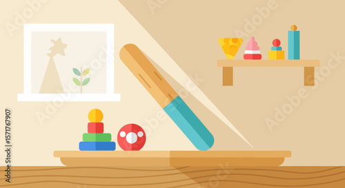 Playful Children's Room Scene With Geometric Toys And A Sunny Window View