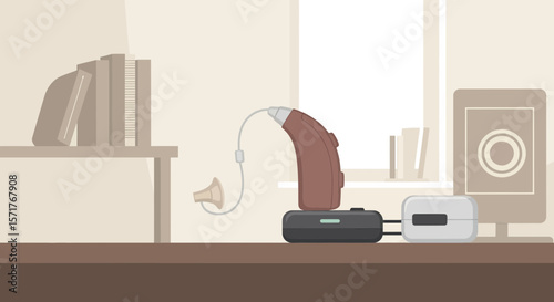 Hearing Assistance Device Resting On Charger In Calm And Relaxing Home Environment