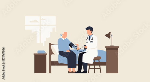 Doctor Checking Blood Pressure Of Senior Patient In A Home Setting Illustration