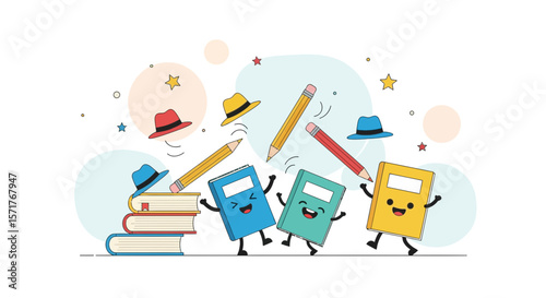 Playful Learning Celebration With Animated Books Pencils And Floating Hats