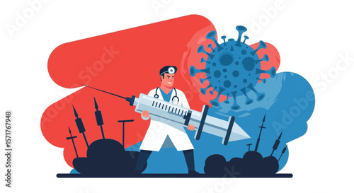 Doctor Carries Giant Syringe To Fight Coronavirus On A Vector Illustration