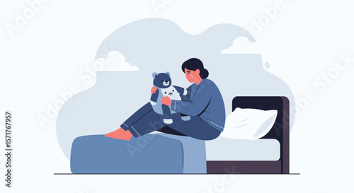 Woman In Pajamas Sitting On The Bed Hugging Her Favorite Teddy Bear Illustration